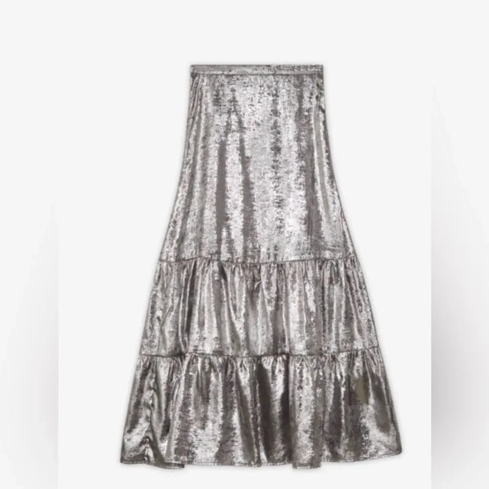 NWT NKN Nekane Metallic Silver Tiered Maxi Skirt - Medium - $140 MSRP - Picture 3 of 7